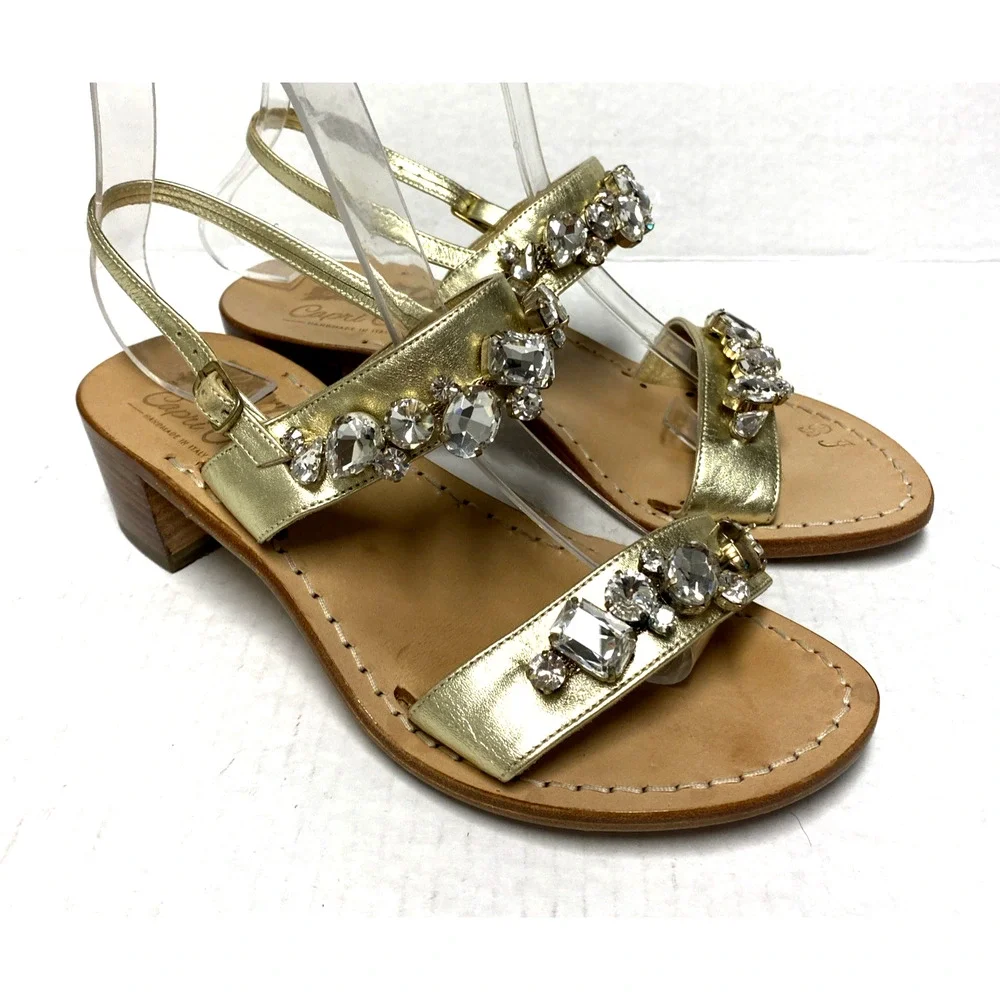 Capri Chic Sandal Gold Leather Crystal Rhinestone Open Toe Block Heel Two Strap